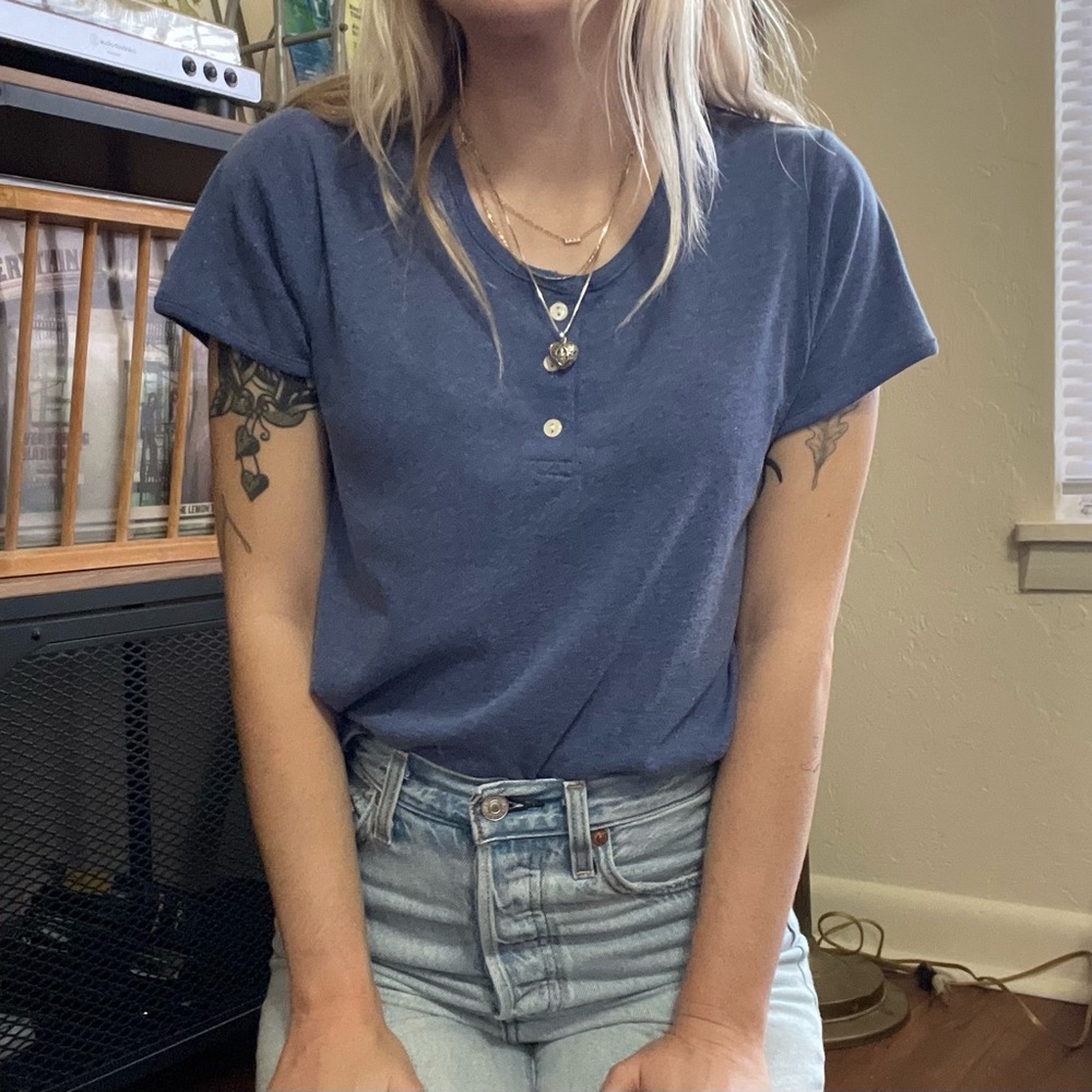 Vintage muted medium blue baby tee with buttons